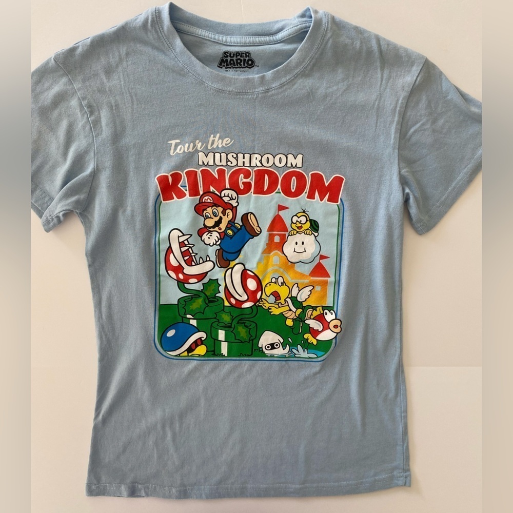 Super‎ Mario T-Shirt Adult Small Blue Tour the Mushroom Kingdom Graphic Tee Game